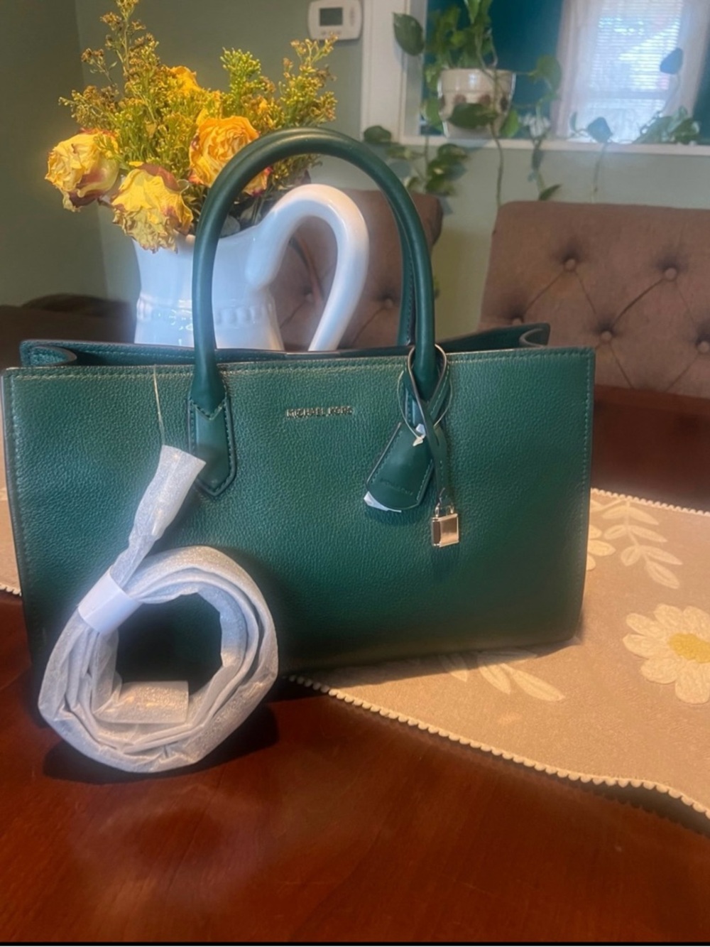 Michael Kors Emerald Green Leather Satchel with Lock Charm